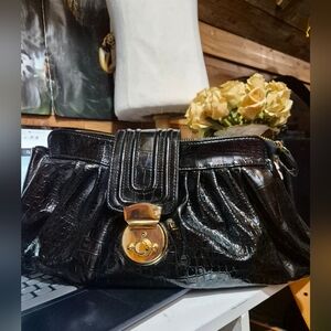 Vintage Black Crocodile-Patterned Clutch
